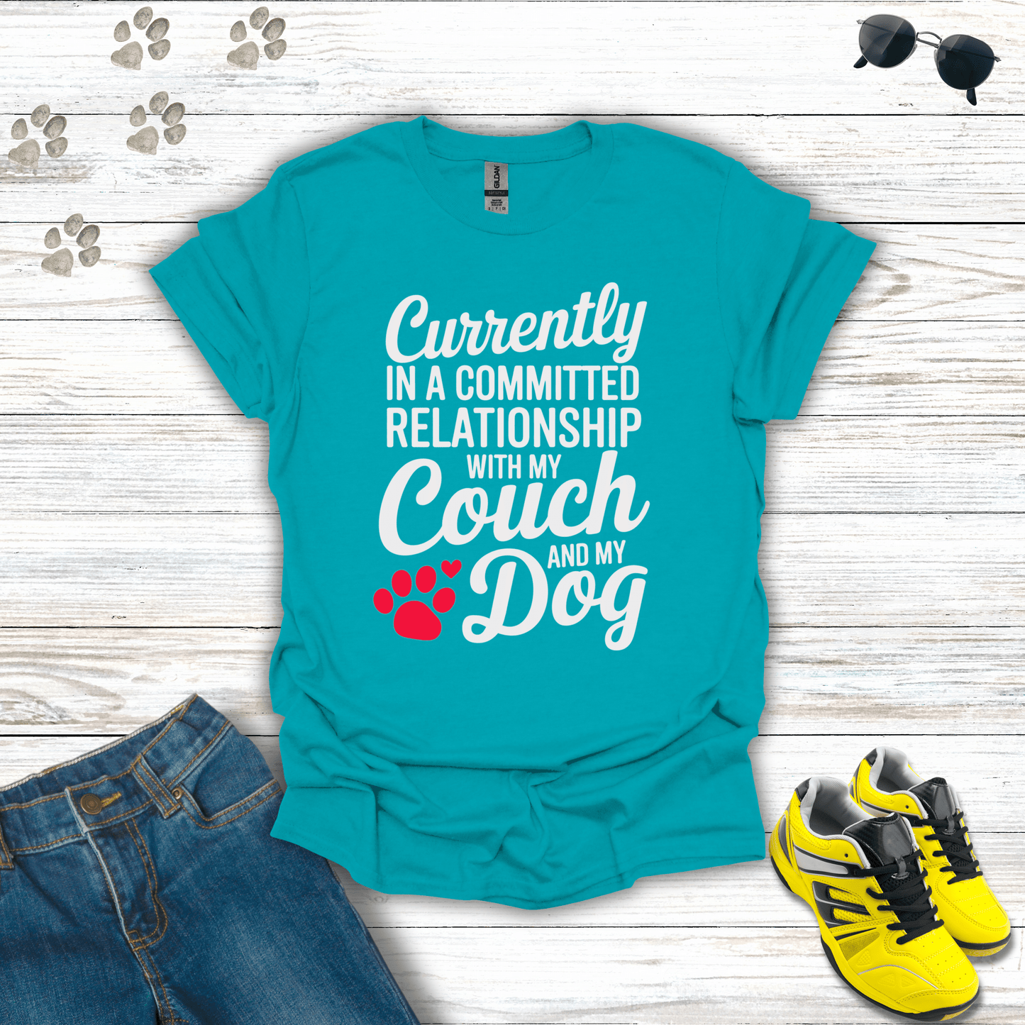 Committed Relationship with Couch and Dog T-Shirt Tropical Blue / S unisex graphic t-shirt