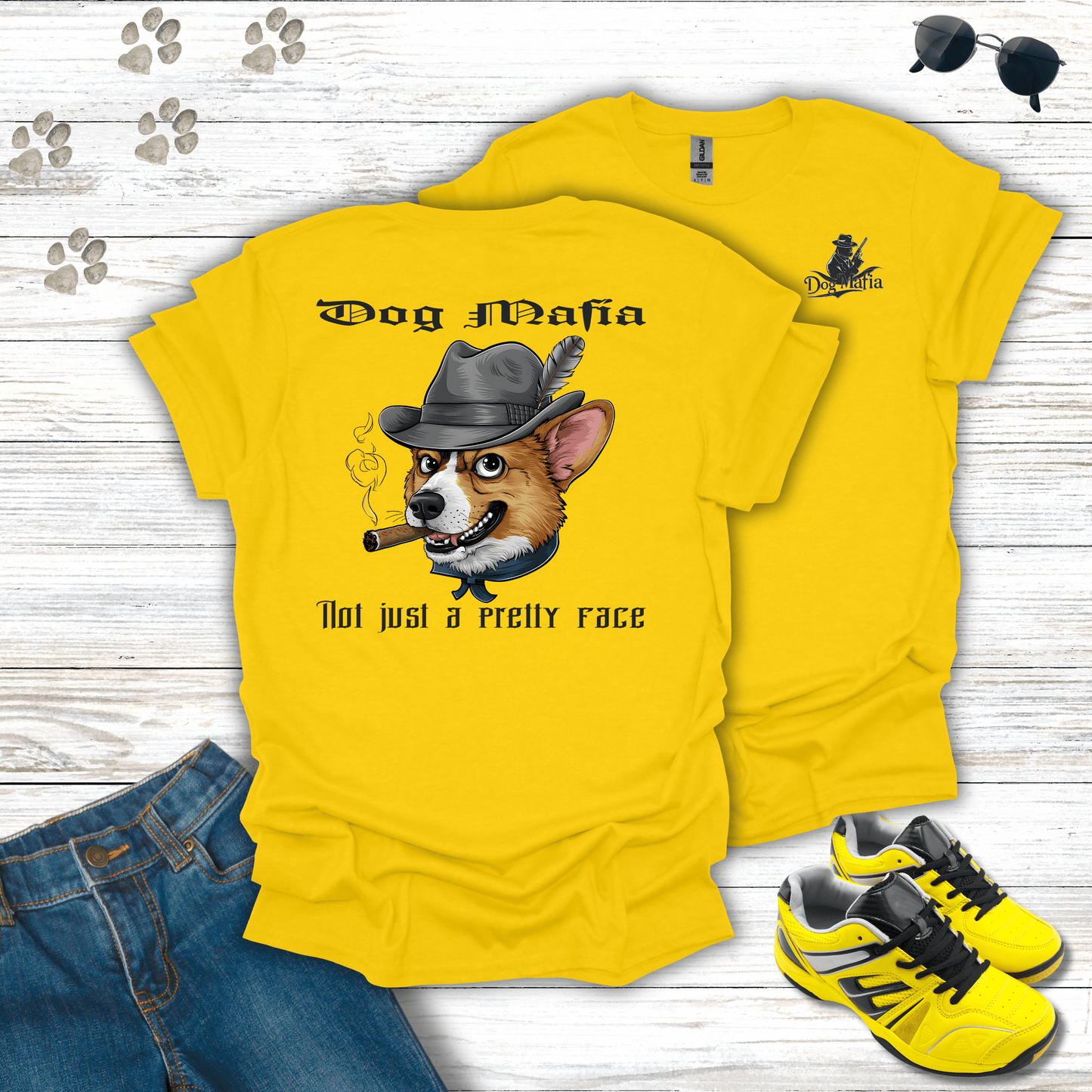 Corgi Dog Mafia T-shirt in Daisy — humorous Corgi mob boss design