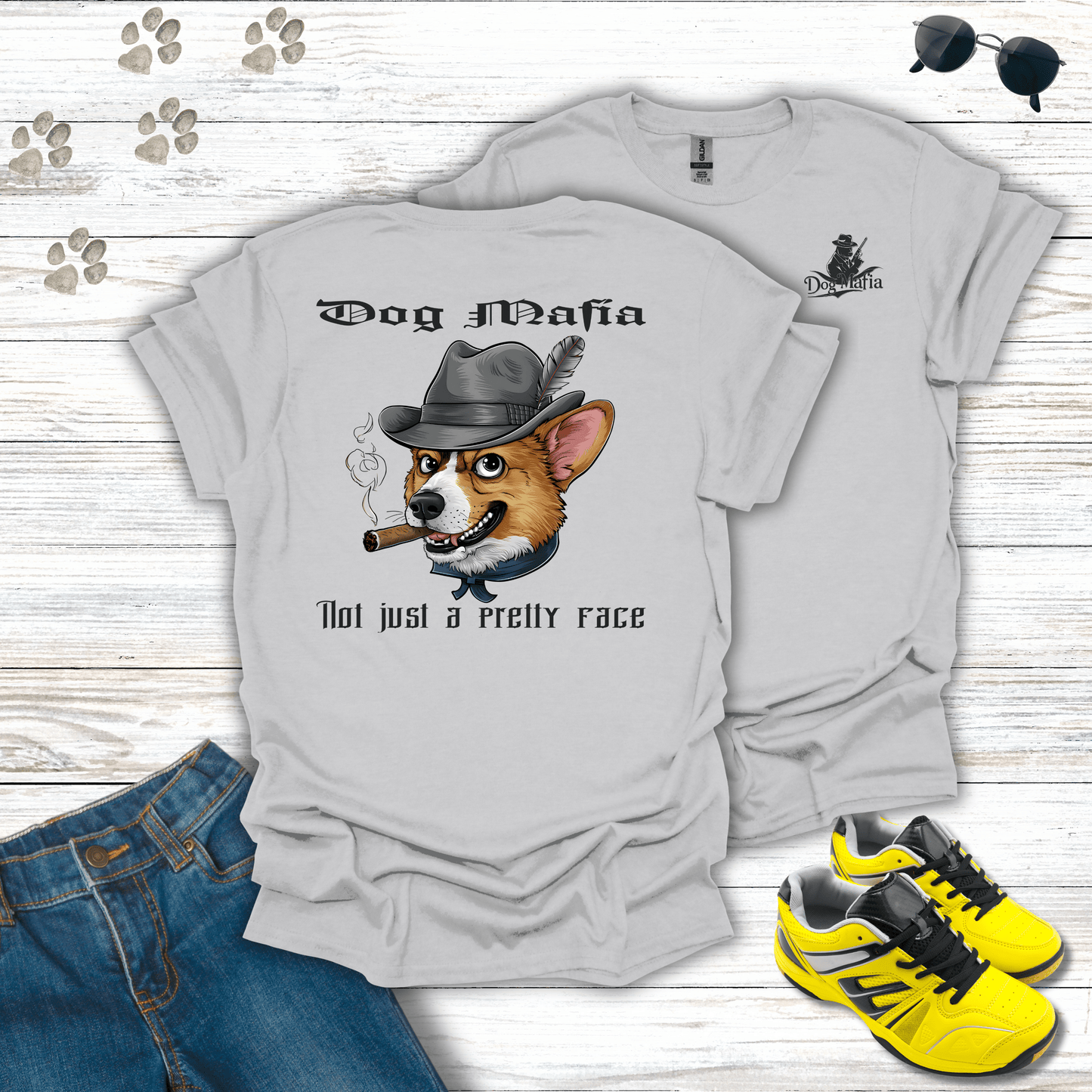 Corgi Dog Mafia T-shirt in Ice Grey — mobster Corgi dog artwork