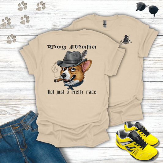 Corgi Dog Mafia T-shirt in Sand — stylish Corgi mafia dog T-shirt