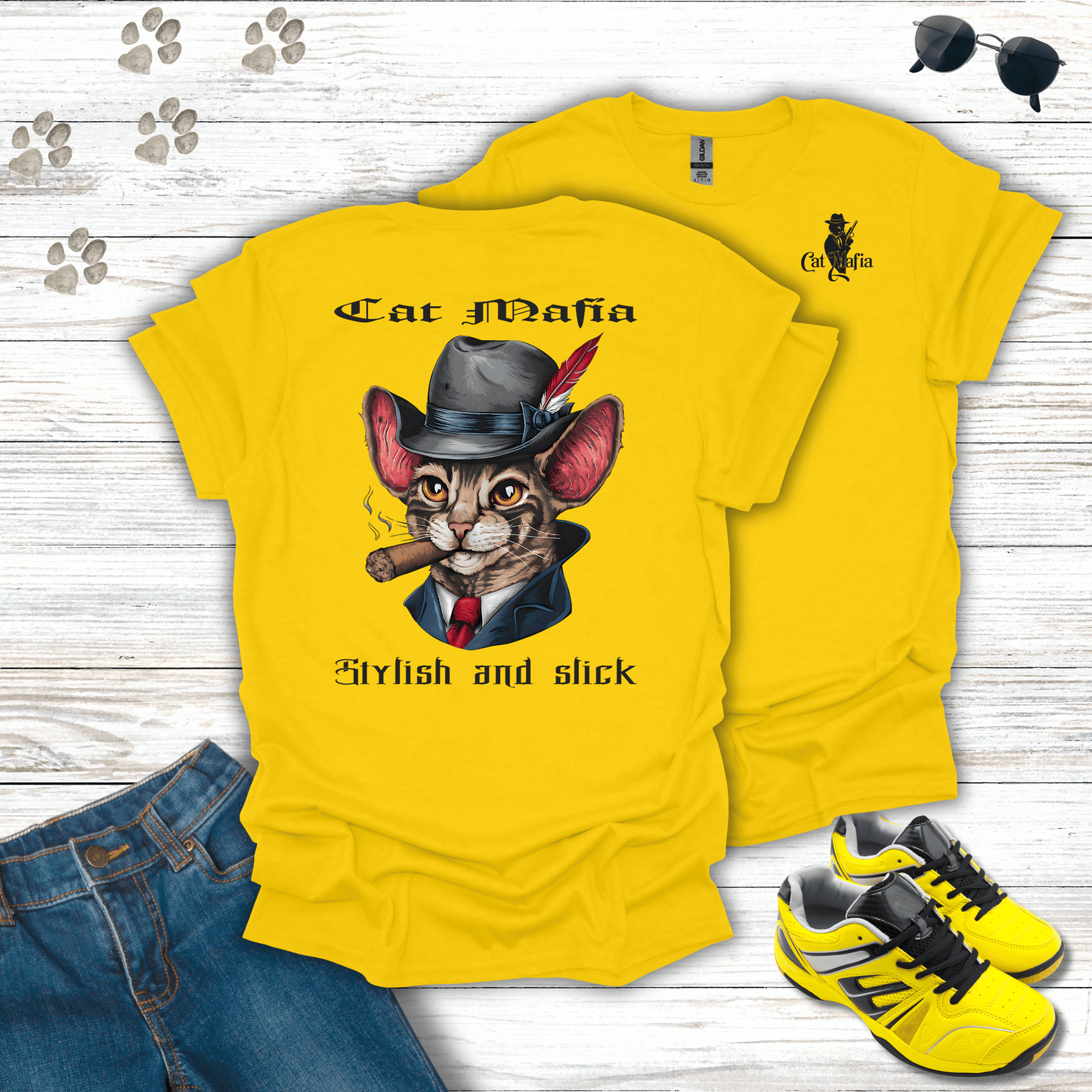 Cornish Rex Cat Mafia T-shirt in Daisy — humorous Cornish Rex cat mobster tee