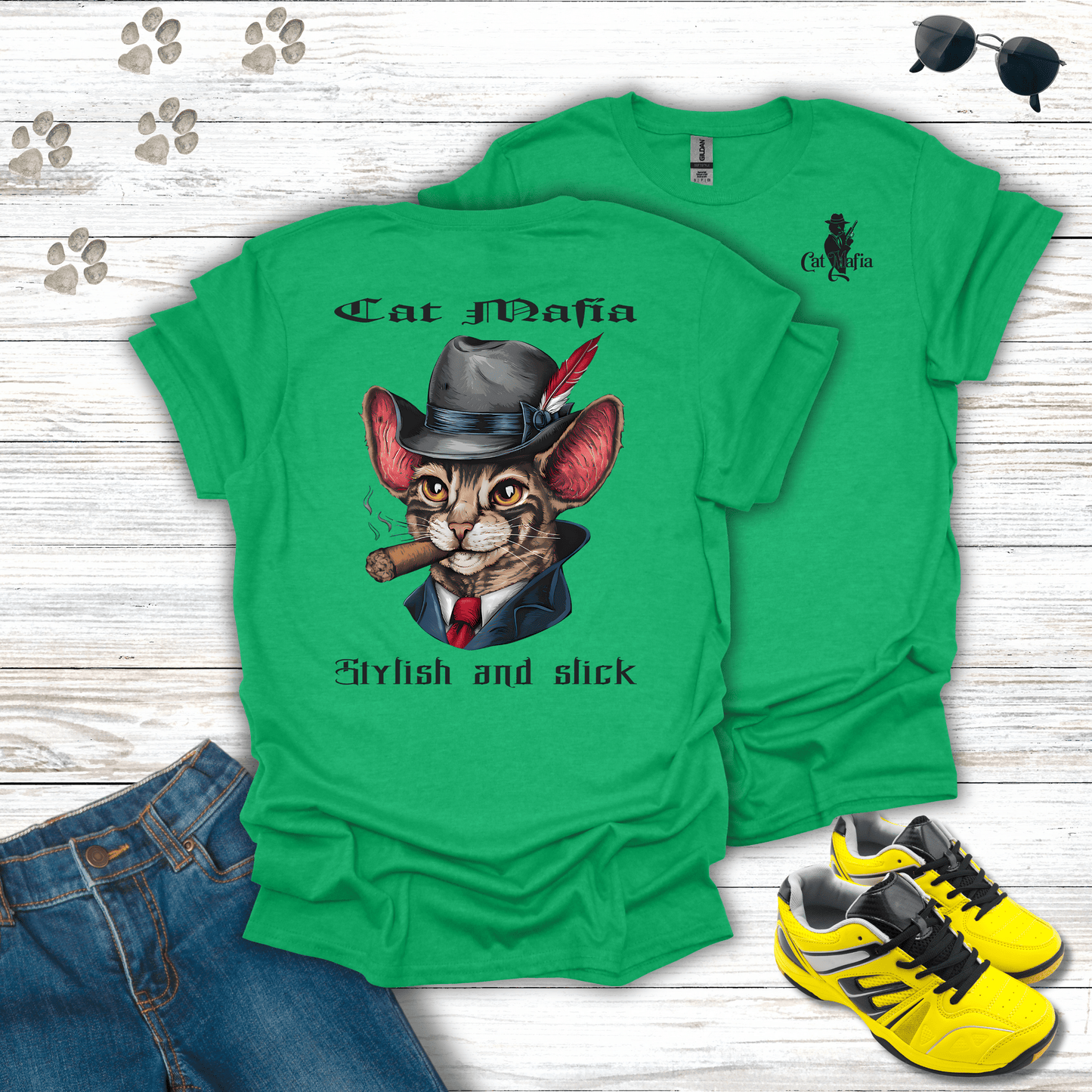 Cornish Rex Cat Mafia T-shirt in Heather Irish Green — bold Cornish Rex mafia design