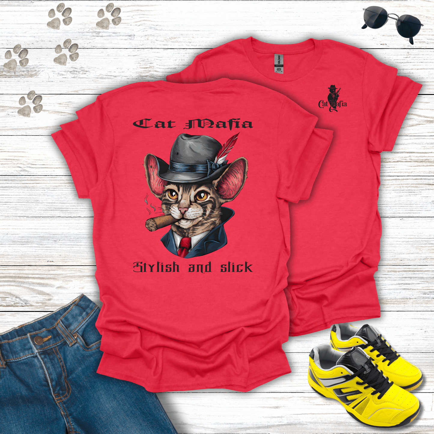Cornish Rex Cat Mafia T-shirt in Heather Red — funny Cornish Rex mafia design