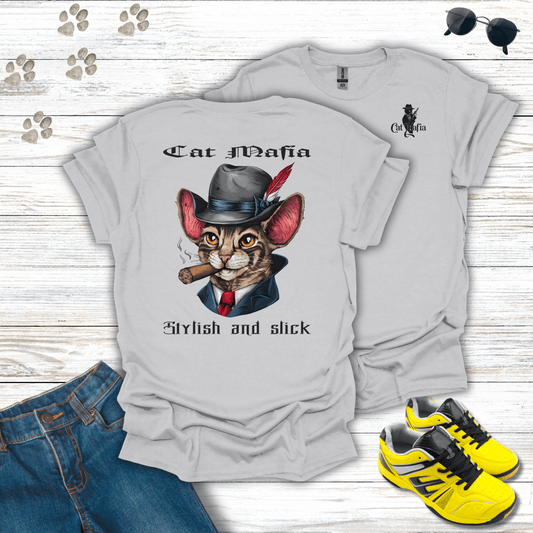 Cornish Rex Cat Mafia T-shirt in Ice Grey — sleek Cornish Rex mob boss tee