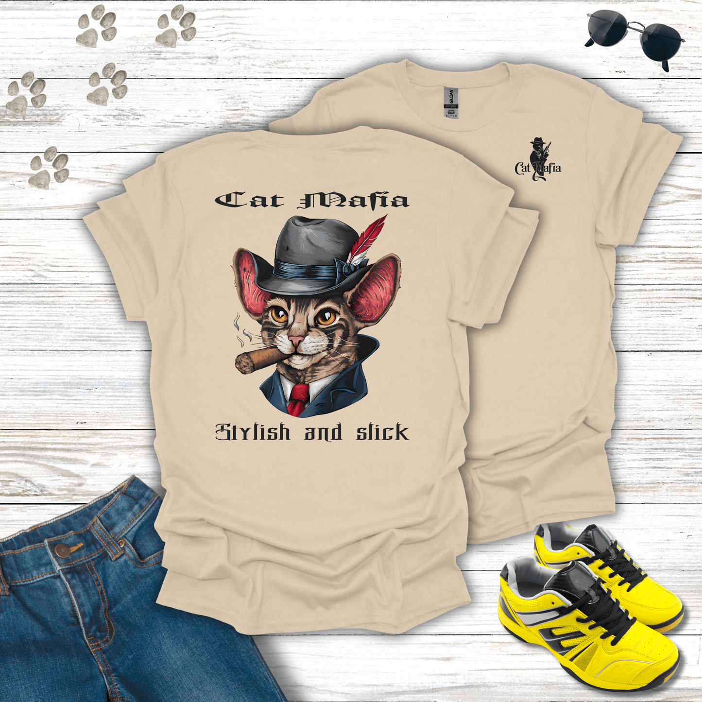 Cornish Rex Cat Mafia T-shirt in Sand — playful Cornish Rex Cat Mafia shirt
