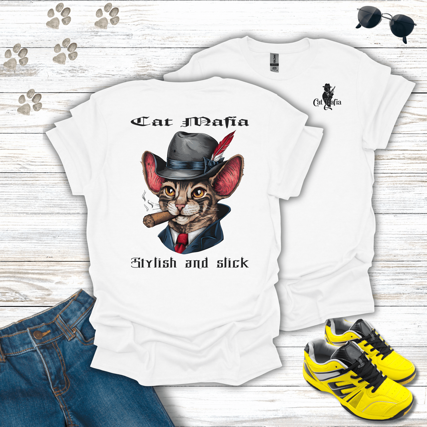 Cornish Rex Cat Mafia T-shirt in White — Cornish Rex cat in fedora and cigar design
