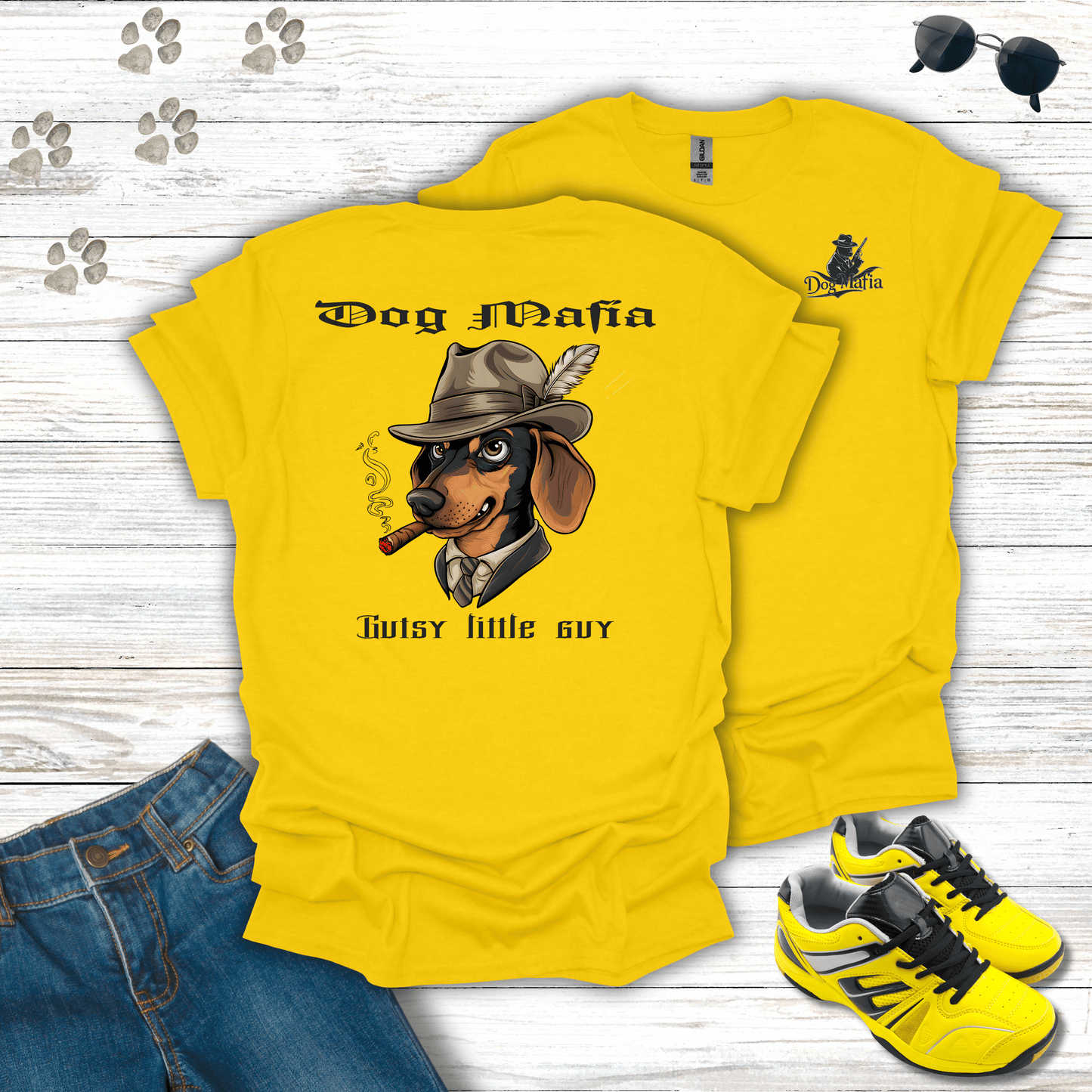 Dachshund Dog Mafia T-shirt in Daisy — bold Dachshund mafia dog artwork