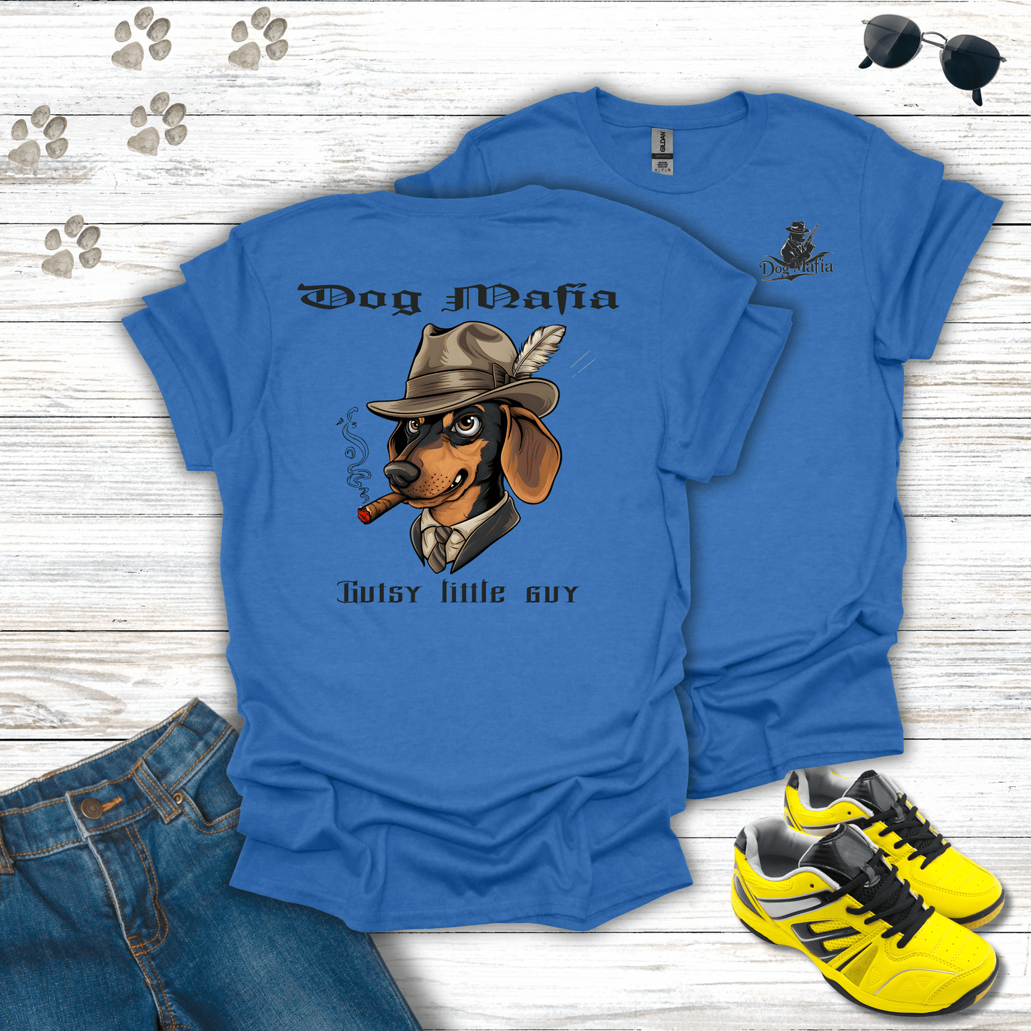 Dachshund Dog Mafia T-shirt in Heather Royal — stylish Dachshund mafia tee