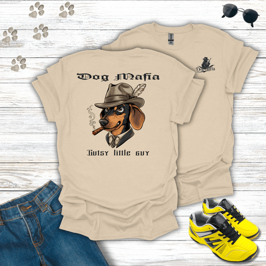 Dachshund Dog Mafia T-shirt in Sand — Dachshund in fedora smoking cigar design
