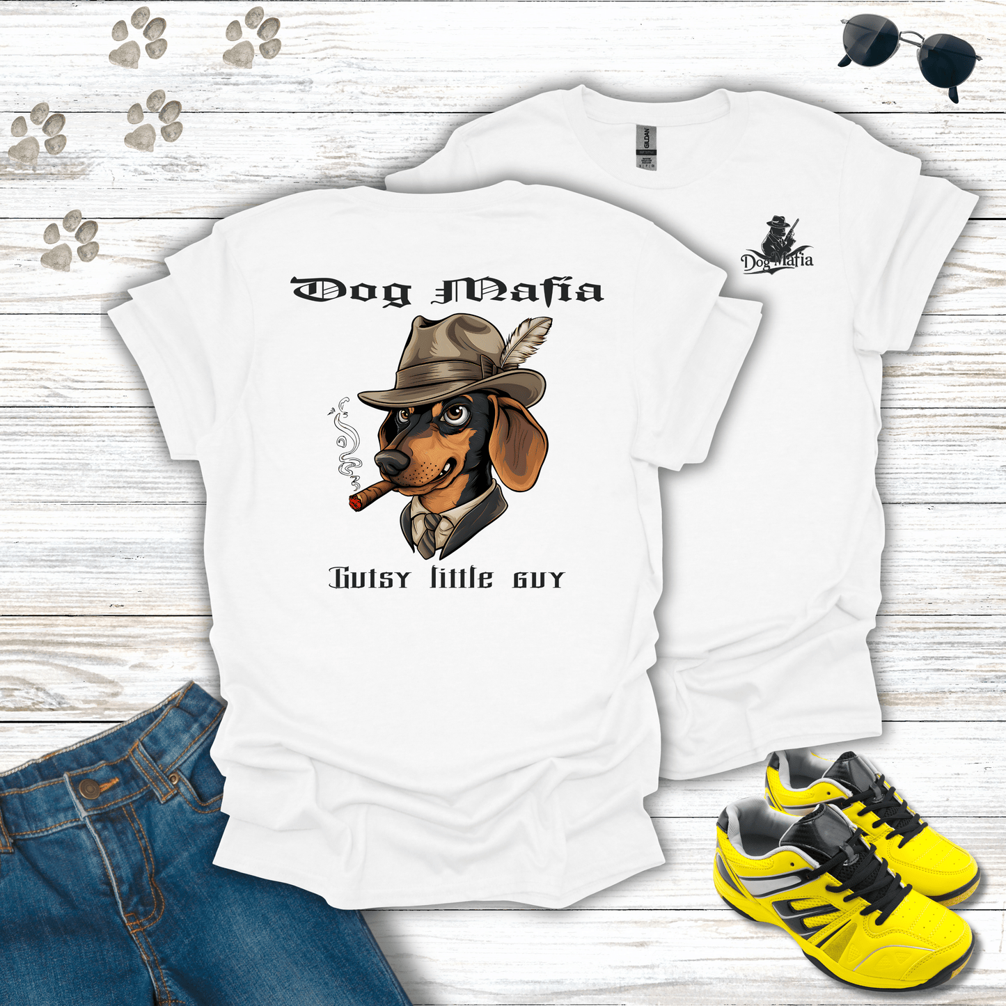 Dachshund Dog Mafia T-shirt in White — cool Dachshund mafia graphic tee