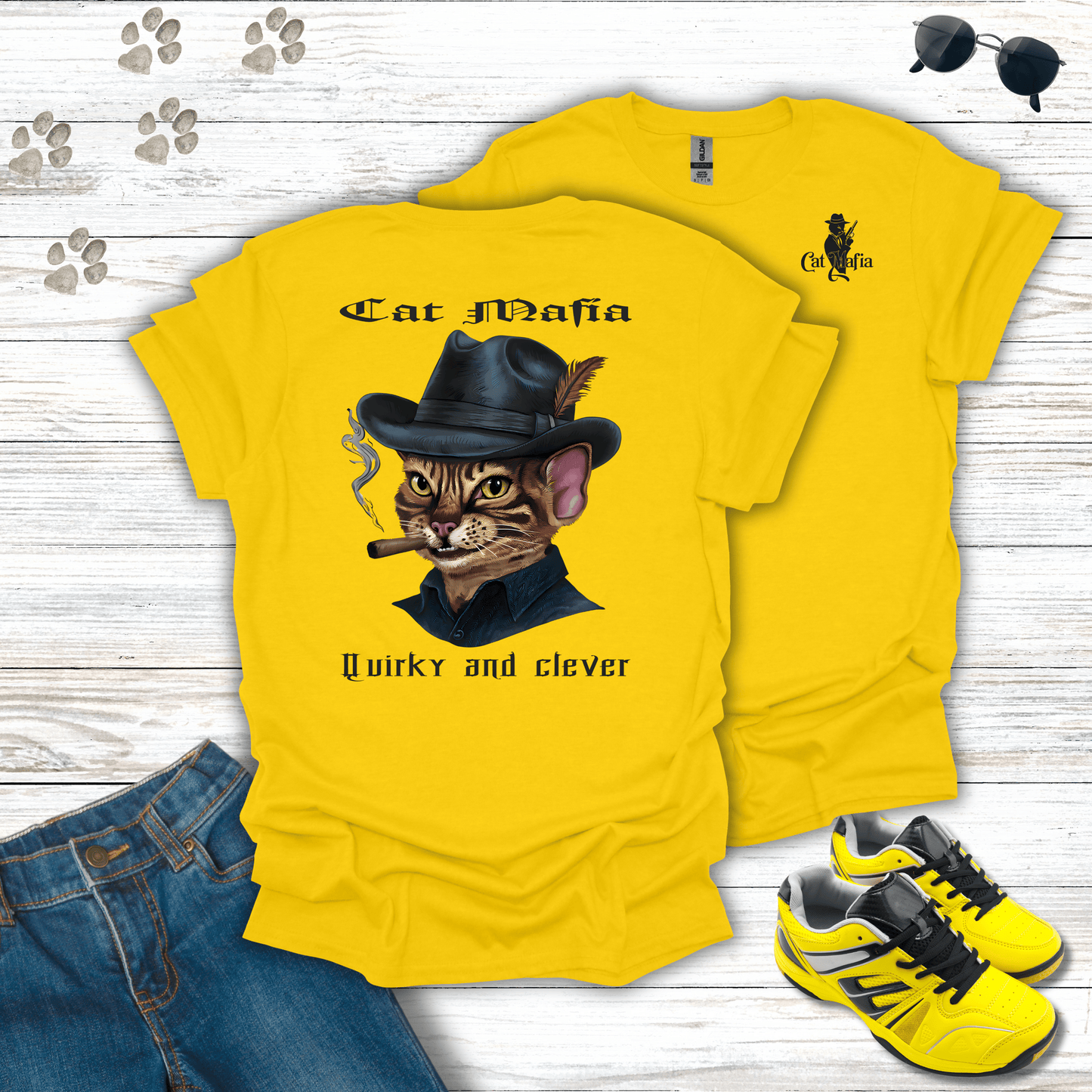 Devon Rex Cat Mafia T-shirt in Daisy — humorous Devon Rex mobster cat tee