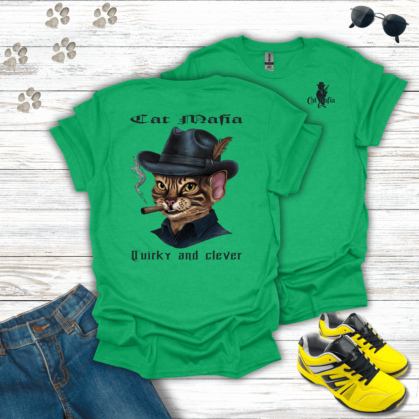 Devon Rex Cat Mafia T-shirt in Heather Irish Green — stylish Devon Rex mafia shirt