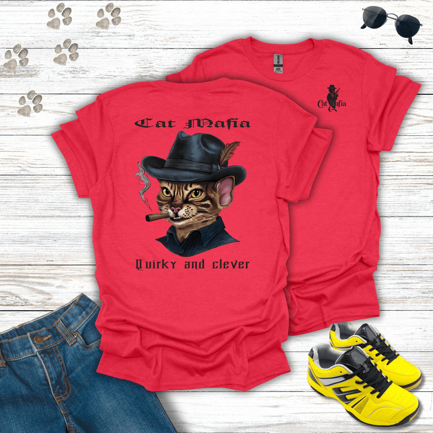 Devon Rex Cat Mafia T-shirt in Heather Red — funny Devon Rex mafia cat design
