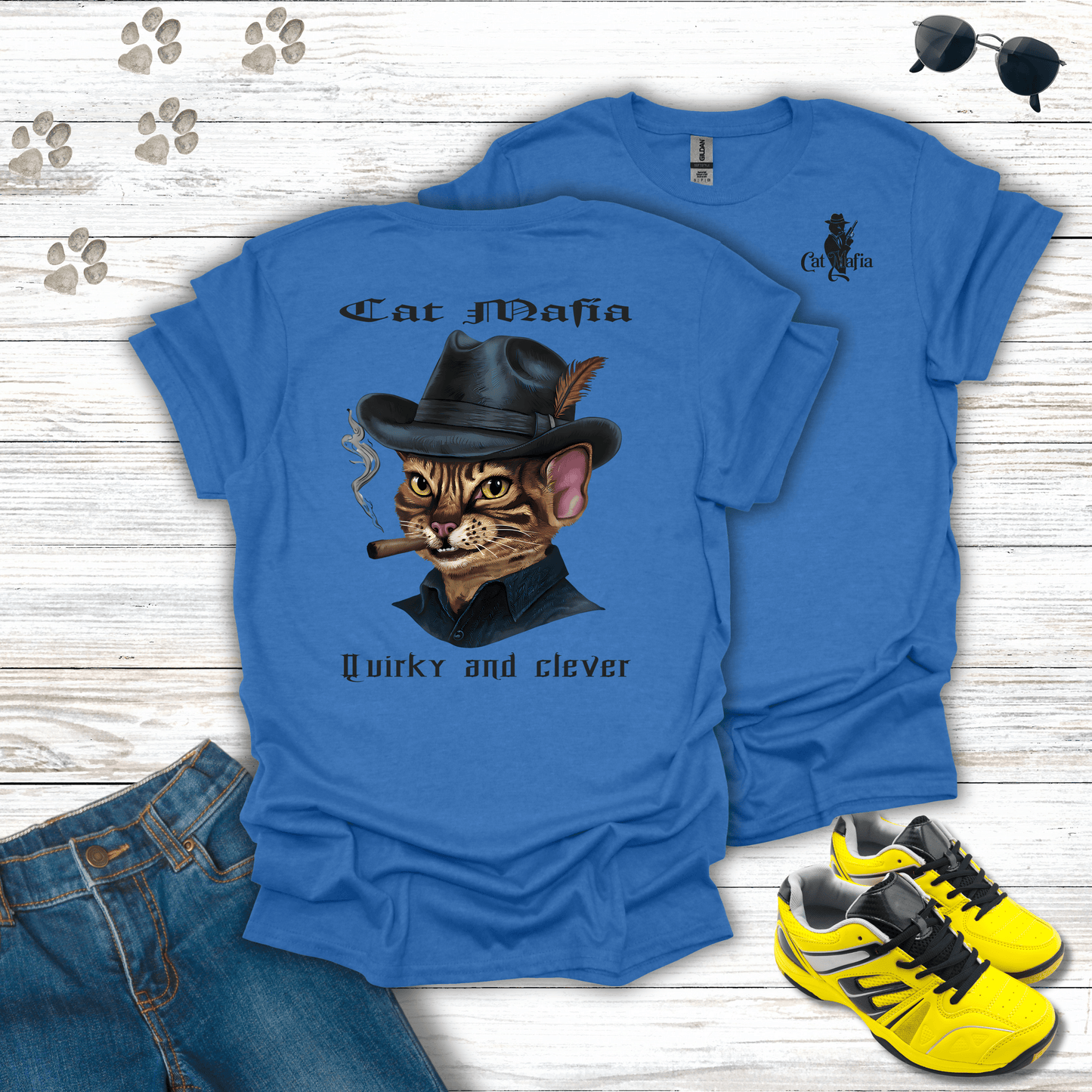 Devon Rex Cat Mafia T-shirt in Heather Royal — cool Devon Rex Cat Mafia tee