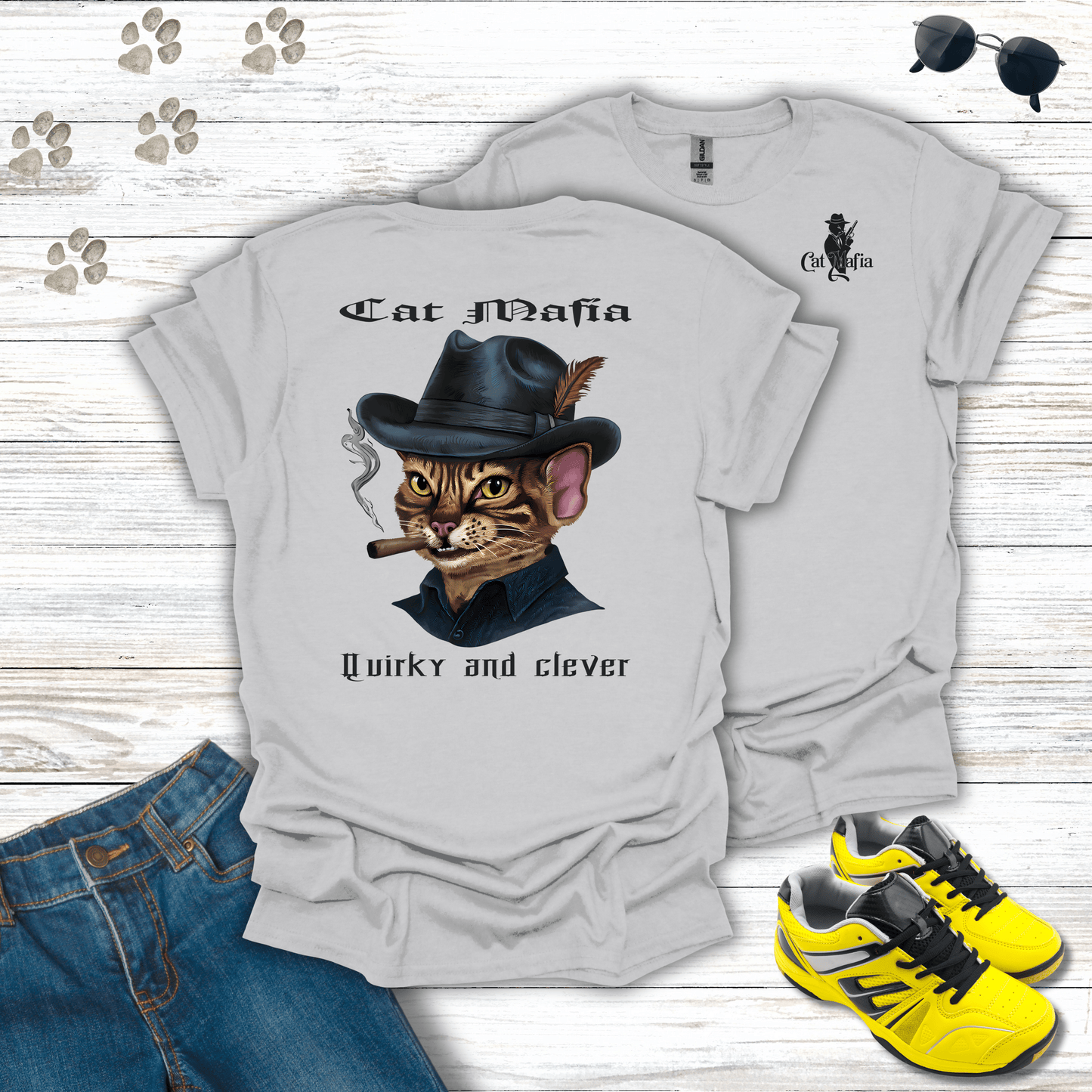 Devon Rex Cat Mafia T-shirt in Ice Grey — sleek Devon Rex mafia boss cat shirt