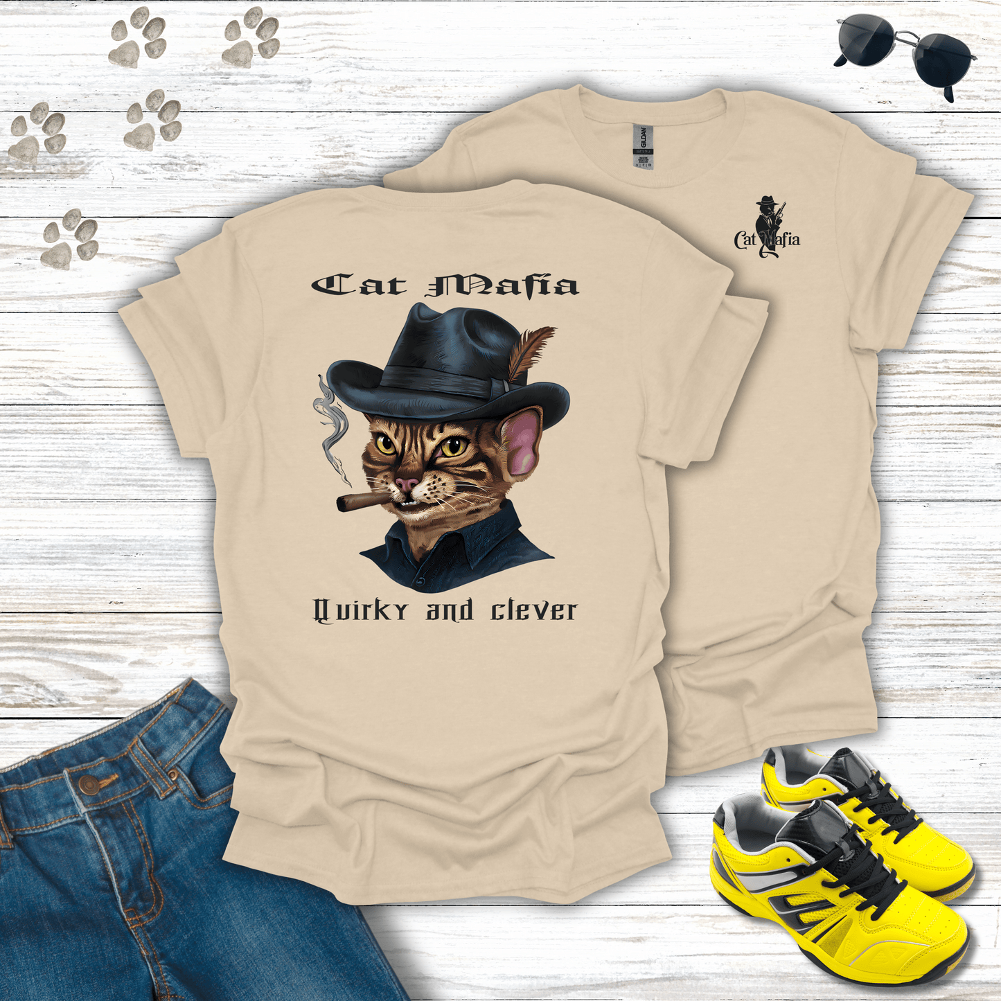 Devon Rex Cat Mafia T-shirt in Sand — playful Devon Rex Cat Mafia shirt
