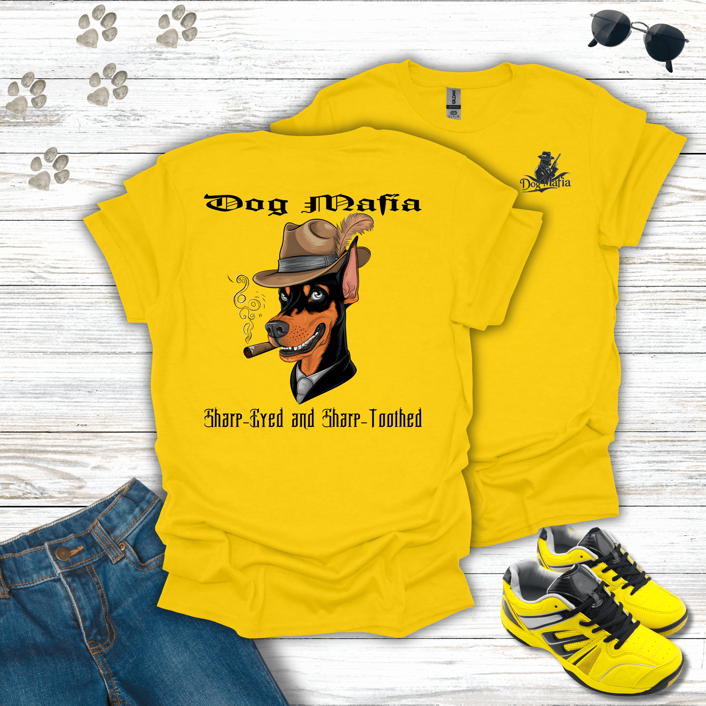 Doberman Pinscher Dog Mafia T-shirt in Daisy — bold Doberman mafia T-shirt