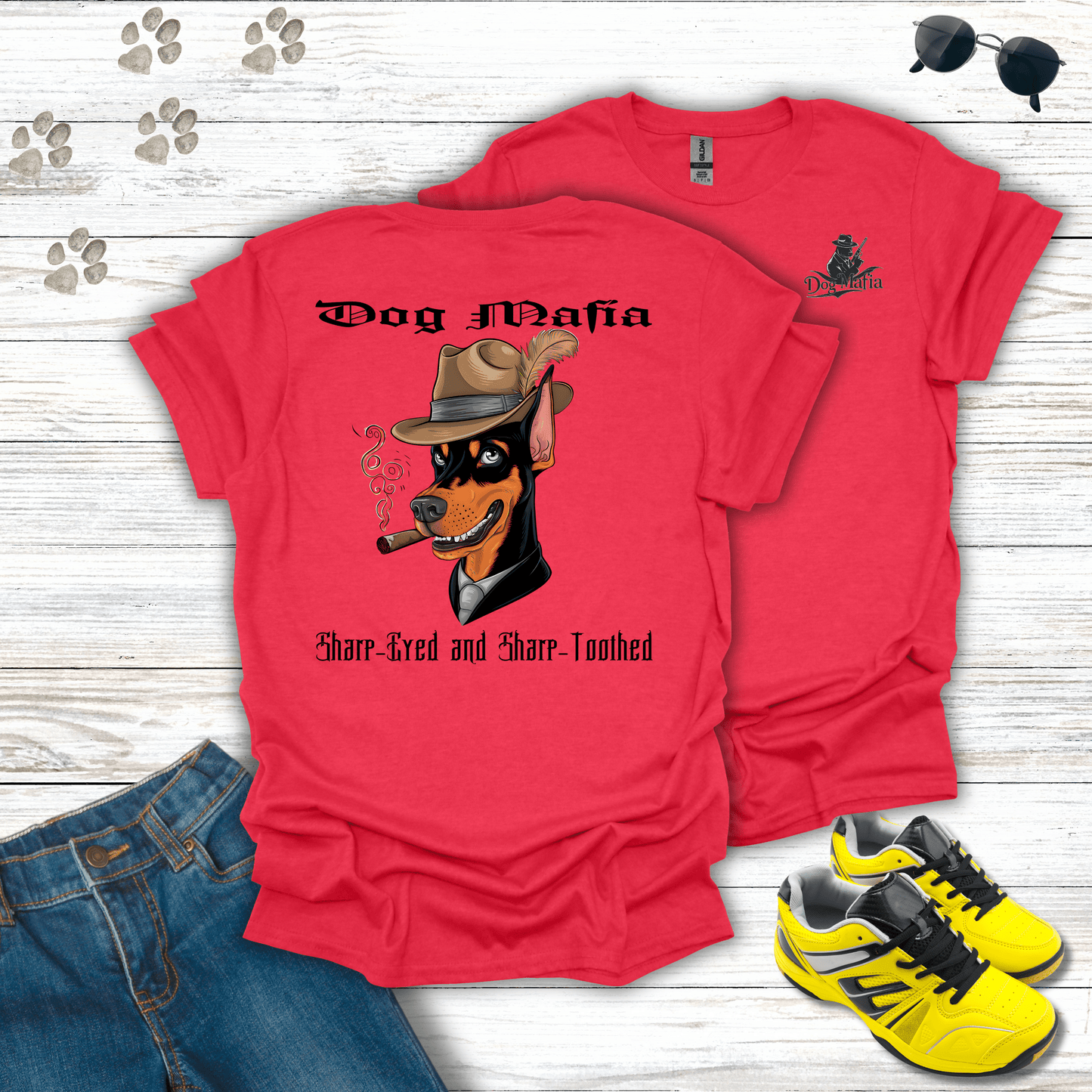 Doberman Pinscher Dog Mafia T-shirt in Heather Red — Doberman mafia dog artwork