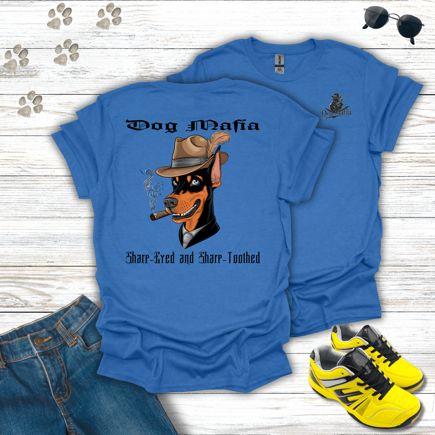 Doberman Pinscher Dog Mafia T-shirt in Heather Royal — cool Doberman dog mafia tee