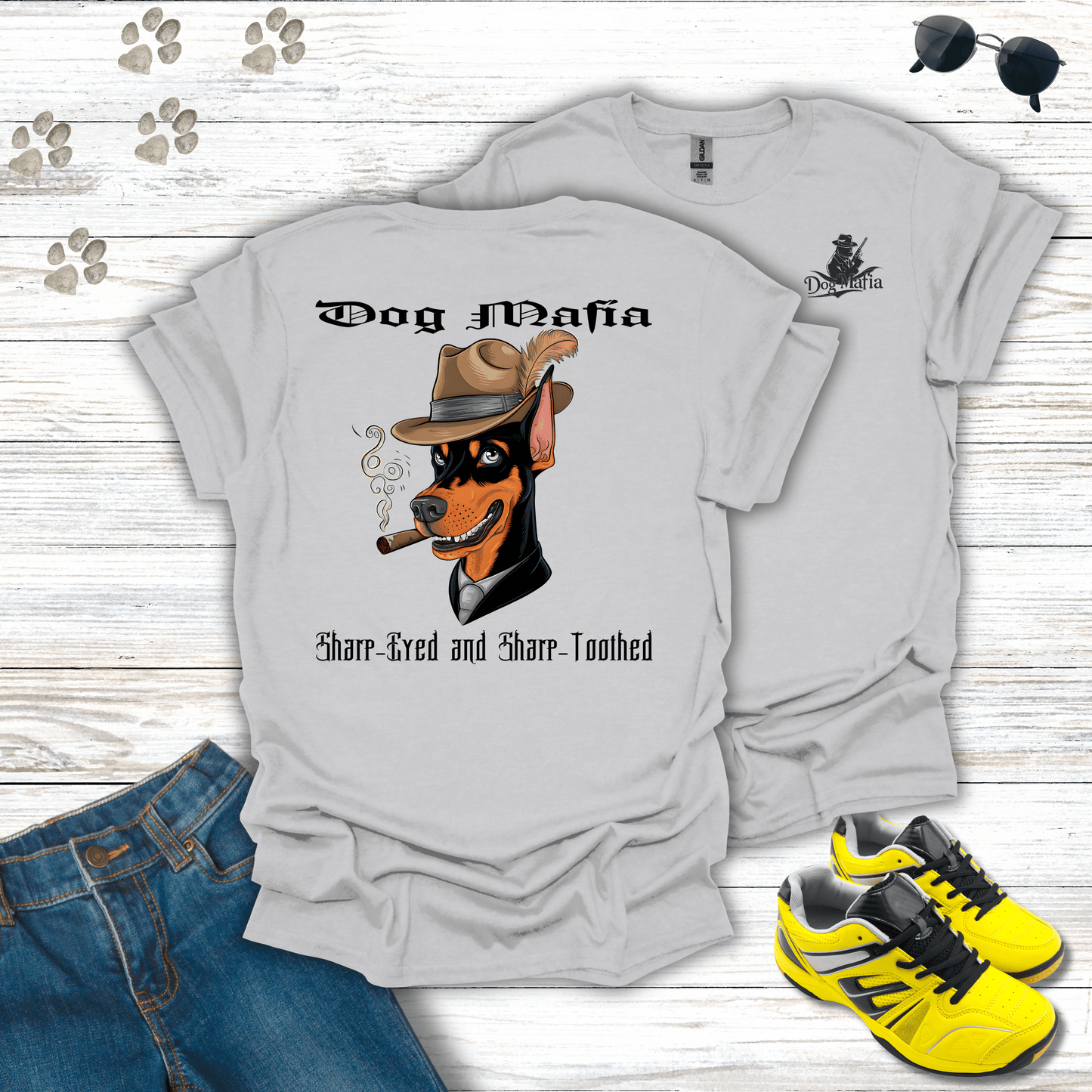 Doberman Pinscher Dog Mafia T-shirt in Ice Grey — sharp Doberman mafia graphic tee