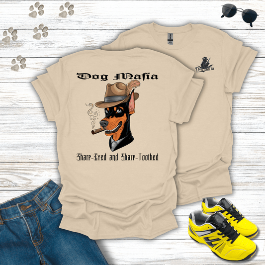 Doberman Pinscher Dog Mafia T-shirt in Sand — Doberman wearing fedora and cigar design
