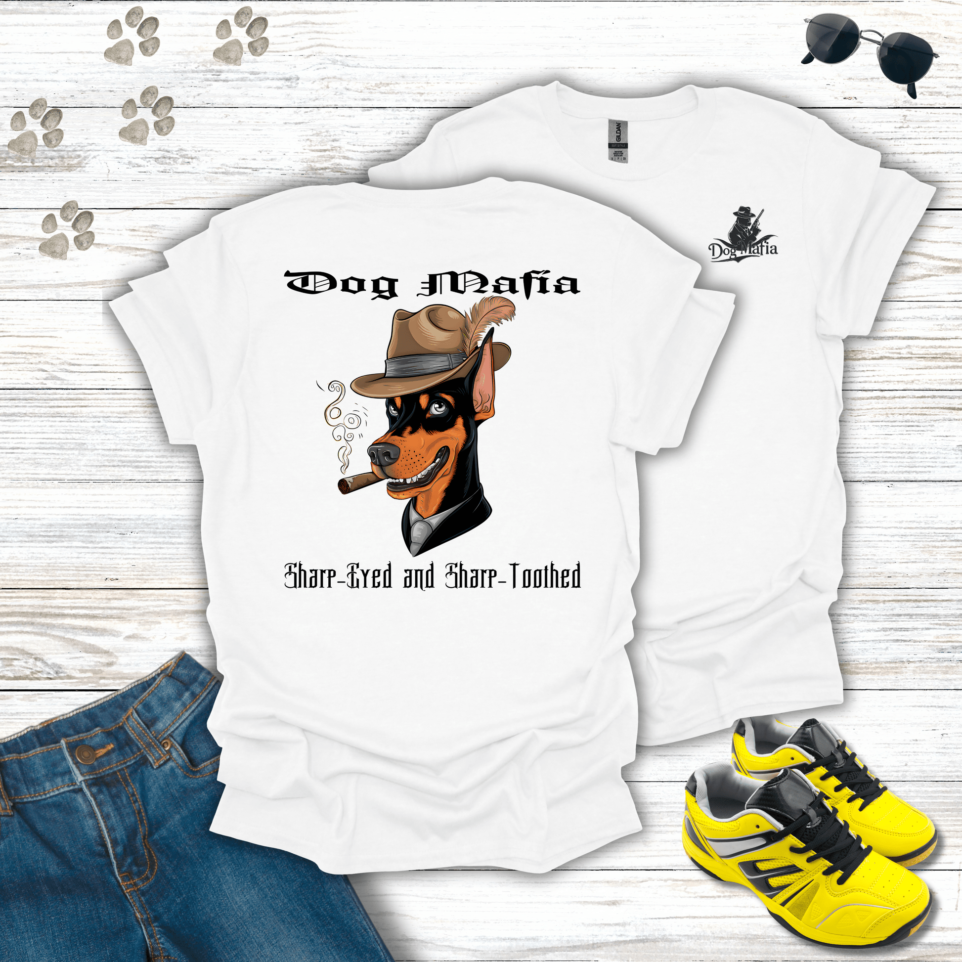 Doberman Pinscher Dog Mafia T-shirt in White — funny Doberman mob boss illustration