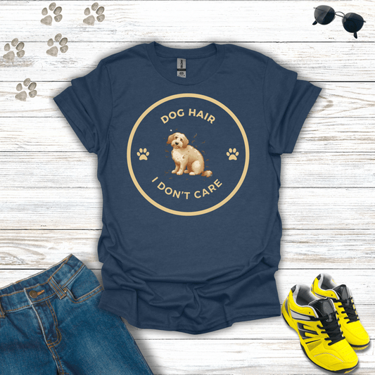 Dog Hair I Don’t Care T-shirt in Heather Navy — funny dog lover shirt with playful vector dog design