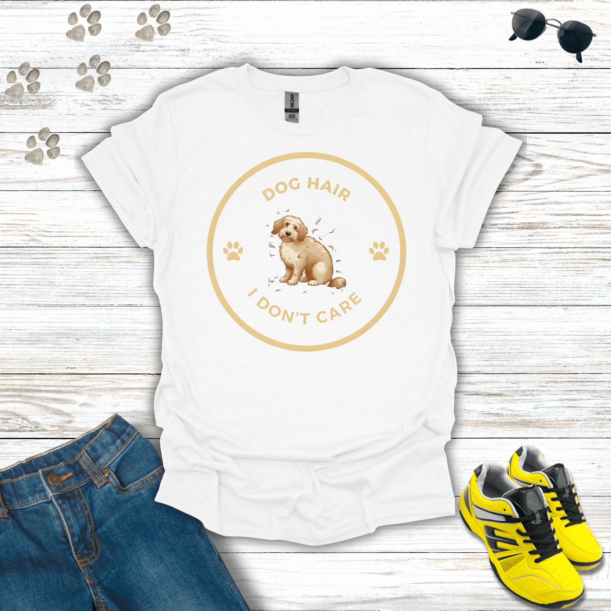 Dog Hair I Don’t Care T-shirt in White — clean dog lover tee with playful graphic