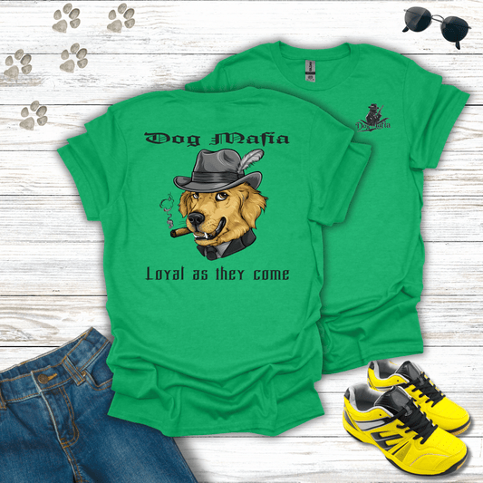 Golden Retriever Dog Mafia T-shirt in Heather Irish Green — Golden Retriever in fedora with cigar design