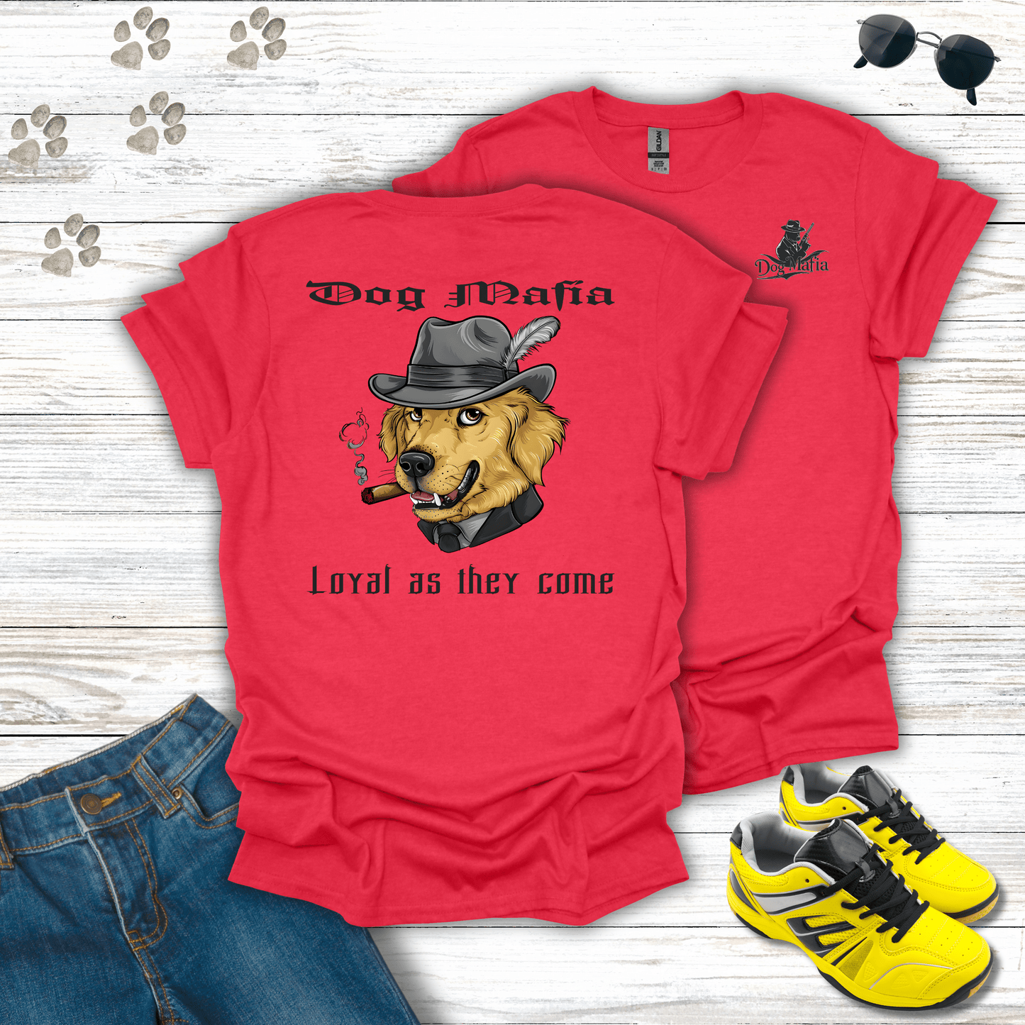 Golden Retriever Dog Mafia T-shirt in Heather Red — bold Golden Retriever mob boss design