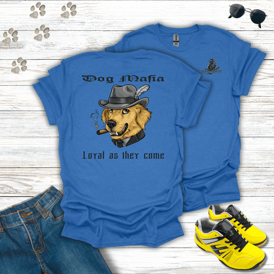 Golden Retriever Dog Mafia T-shirt in Heather Royal — funny Golden Retriever mafia shirt