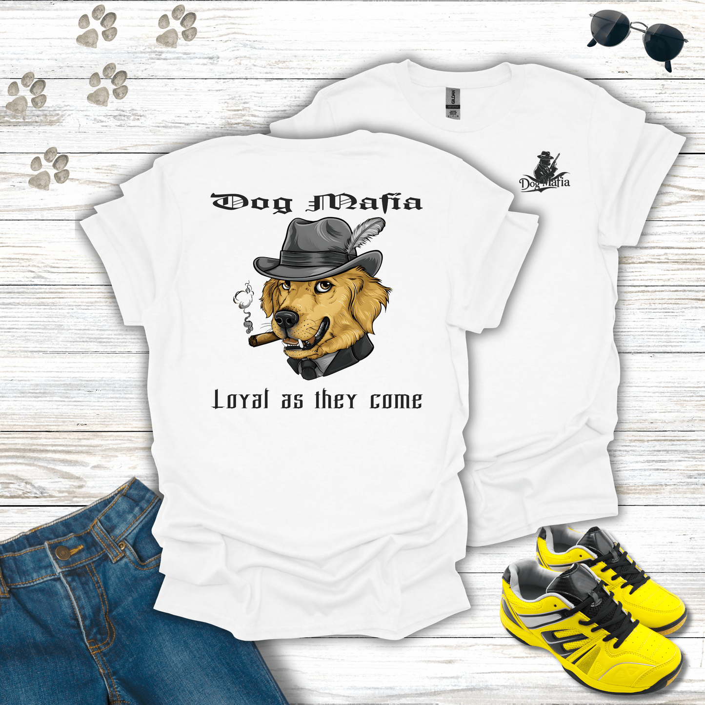 Golden Retriever Dog Mafia T-shirt in White — humorous Golden Retriever mafia T-shirt