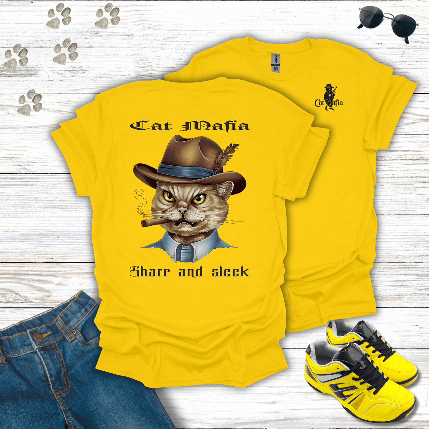 Domesticated Shorthair Cat Mafia T-shirt in Daisy — humorous mafia cat tee for pet lovers
