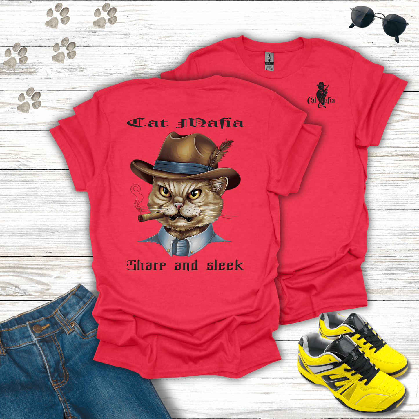 Domesticated Shorthair Cat Mafia T-shirt in Heather Red — funny Domesticated Shorthair mafia design