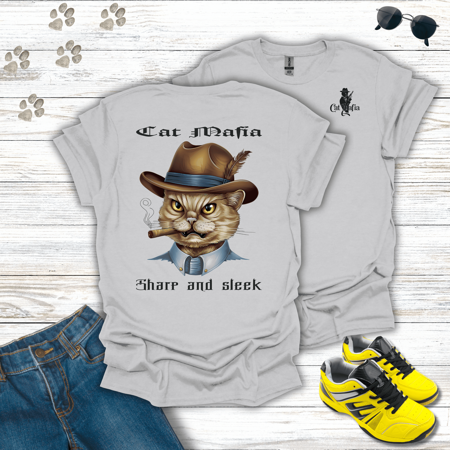 Domesticated Shorthair Cat Mafia T-shirt in Ice Grey — subtle and stylish mafia cat tee