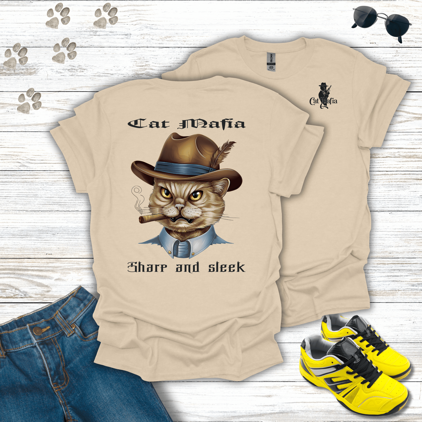 Domesticated Shorthair Cat Mafia T-shirt in Sand — classic Domesticated Shorthair in fedora and cigar design