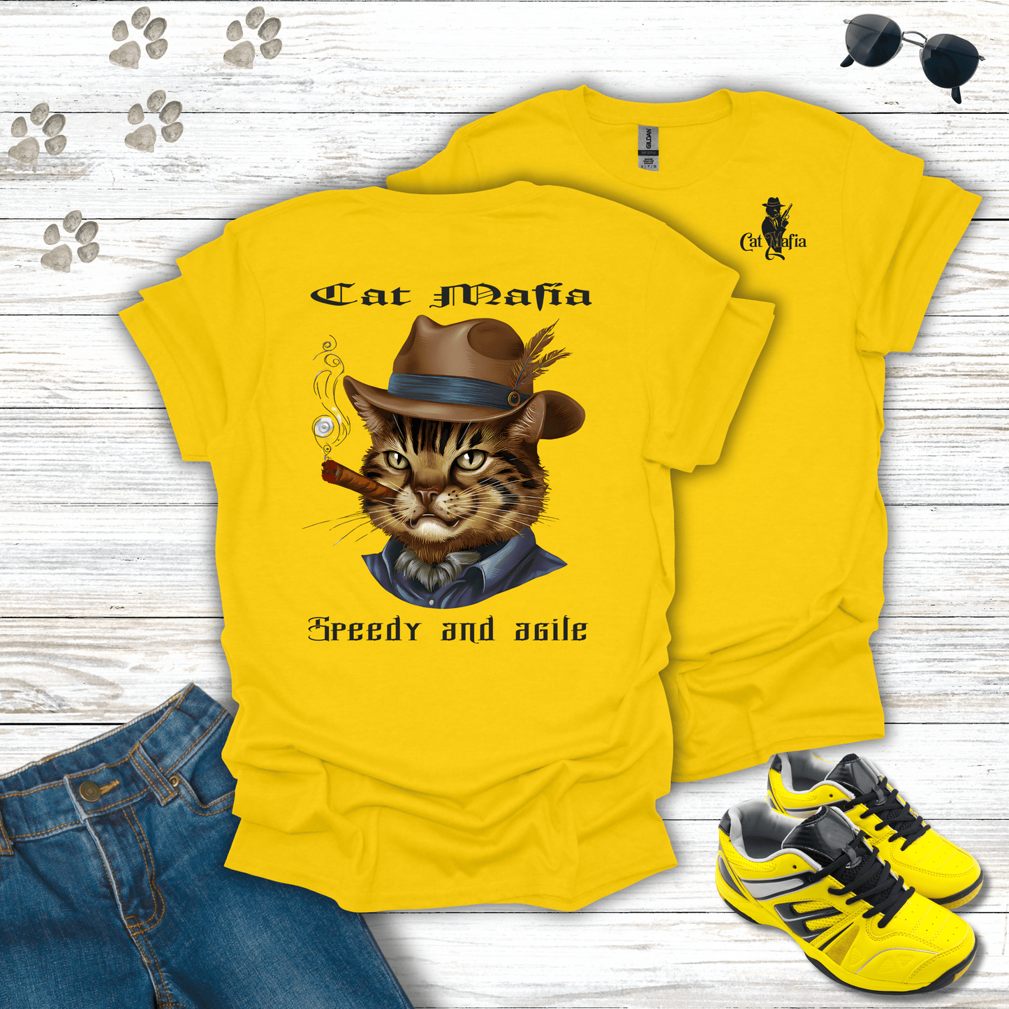 Egyptian Mau Cat Mafia T-shirt in Daisy — Egyptian Mau mafia boss cat shirt