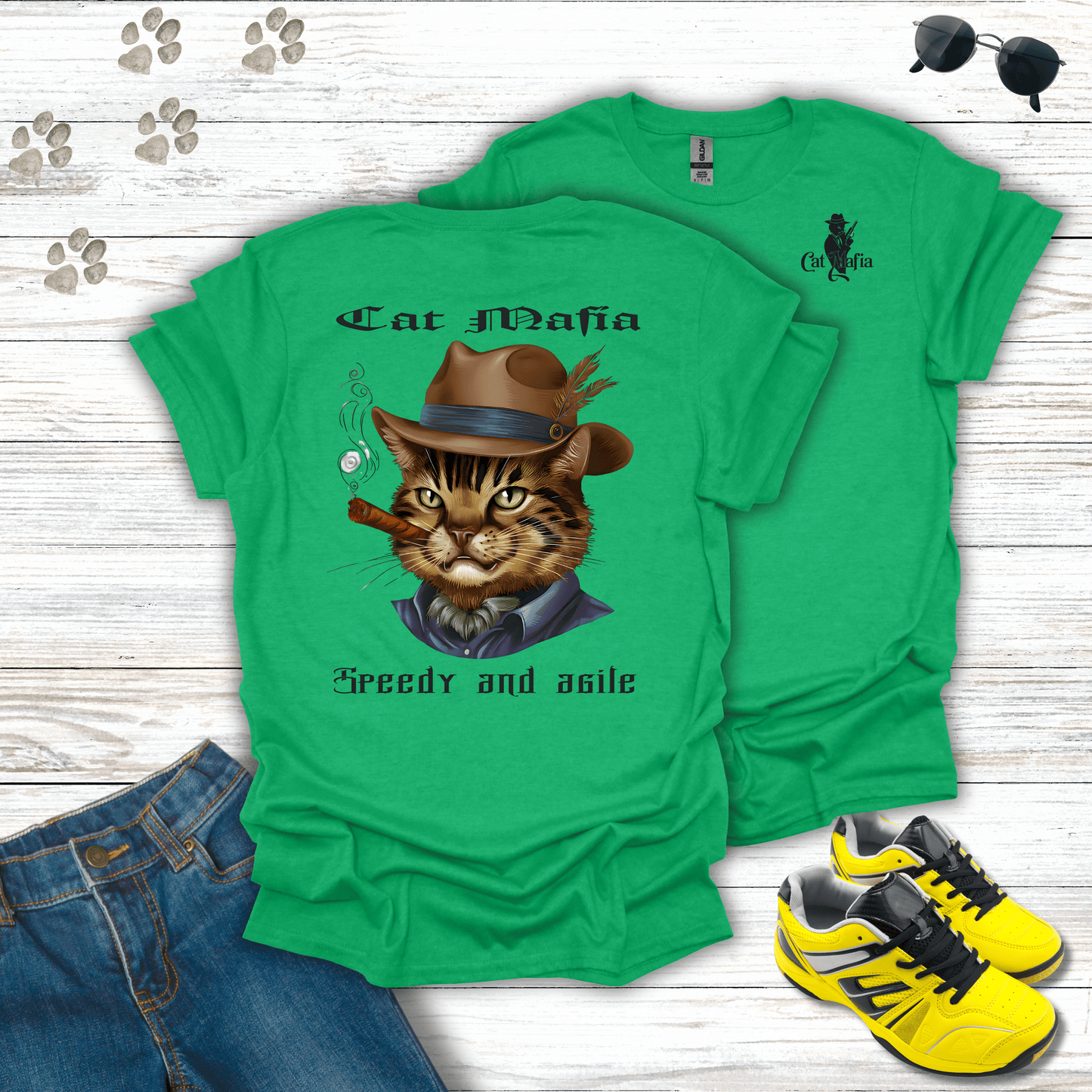 Egyptian Mau Cat Mafia T-shirt in Heather Irish Green — bold Egyptian Mau mobster design