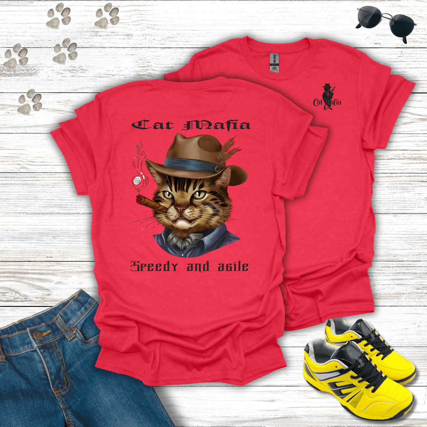 Egyptian Mau Cat Mafia T-shirt in Heather Red — Egyptian Mau cat in fedora and cigar design