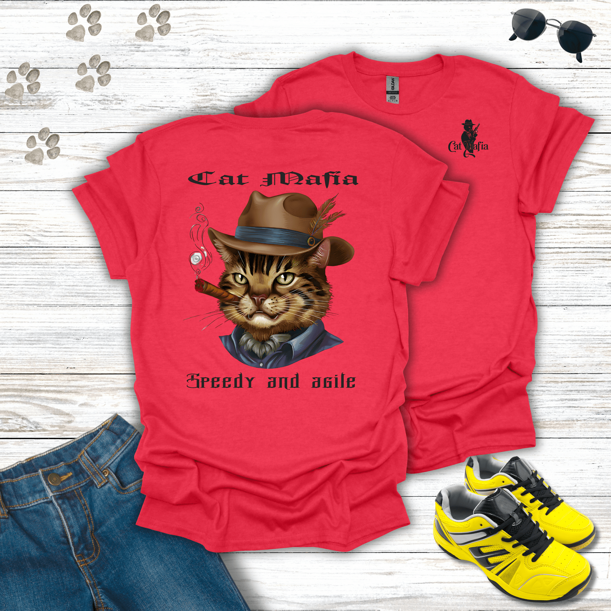 Egyptian Mau Cat Mafia T-shirt in Heather Red — Egyptian Mau cat in fedora and cigar design