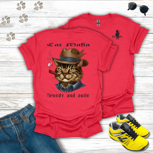 Egyptian Mau Cat Mafia T-shirt in Heather Red — Egyptian Mau cat in fedora and cigar design