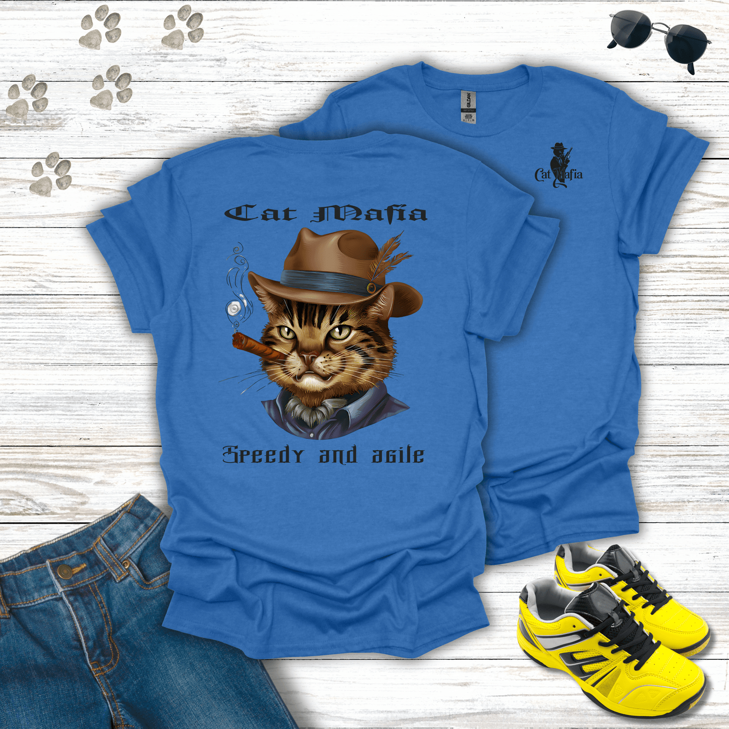 Egyptian Mau Cat Mafia T-shirt in Heather Royal — regal Egyptian Mau Cat Mafia shirt
