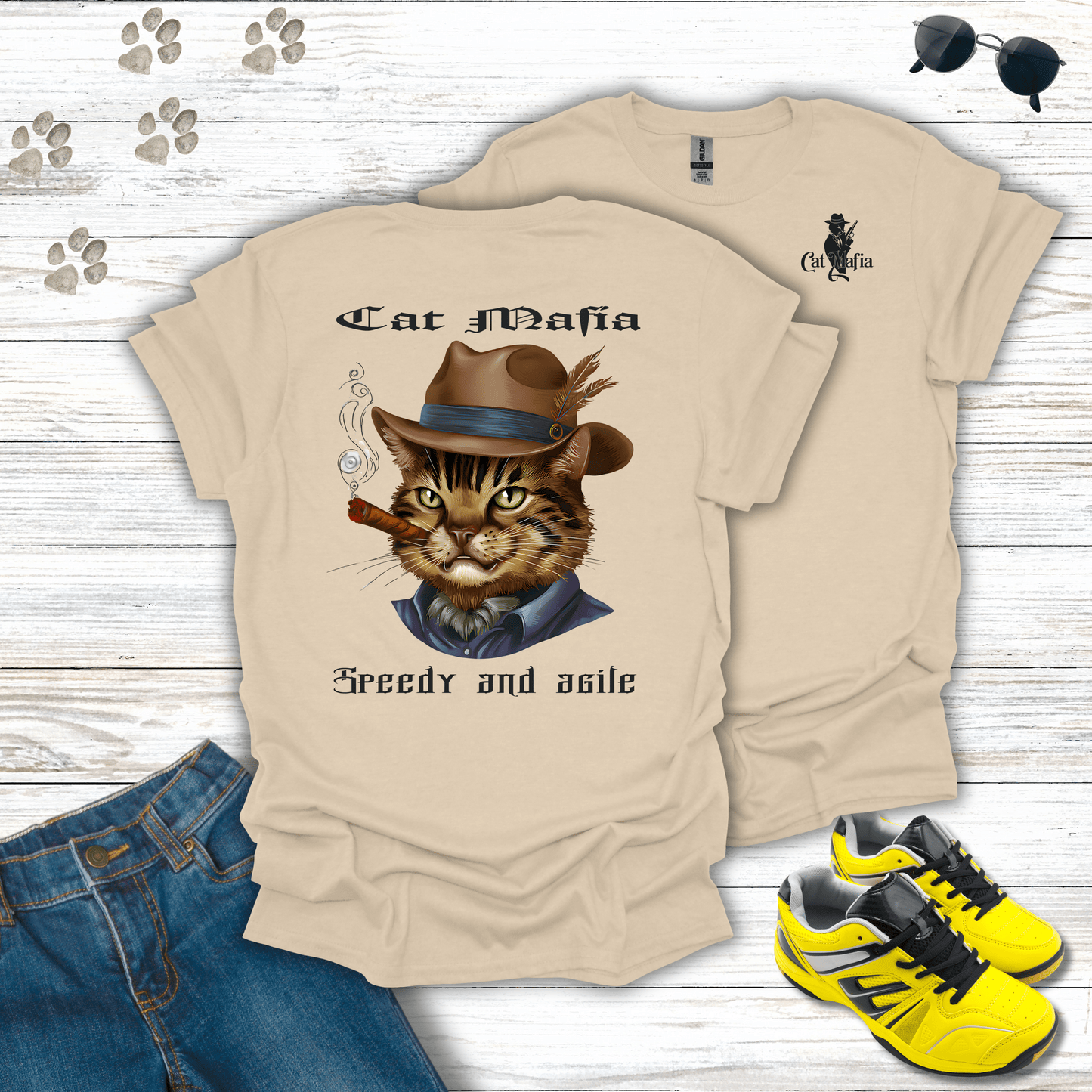 Egyptian Mau Cat Mafia T-shirt in Sand — classic Egyptian Mau mafia cat shirt