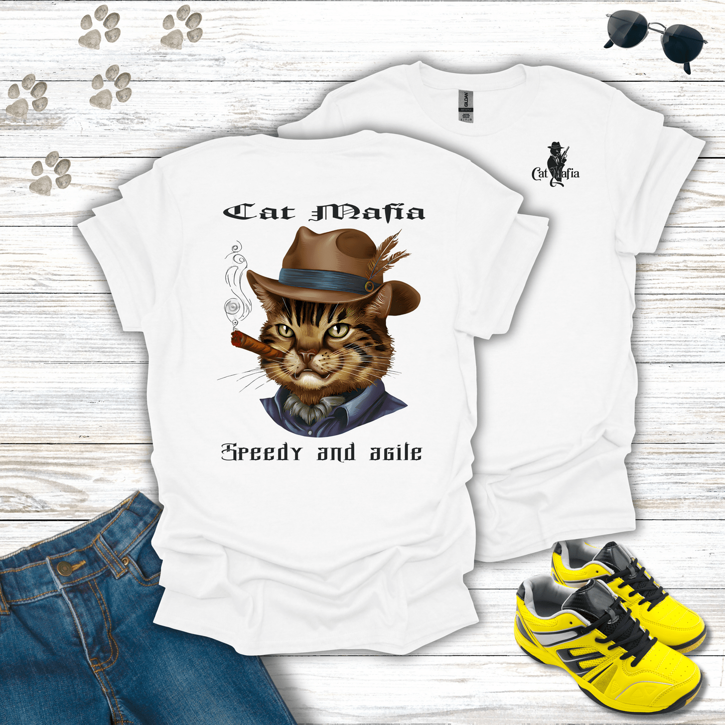 Egyptian Mau Cat Mafia T-shirt in White — stylish Egyptian Mau mob boss cat design