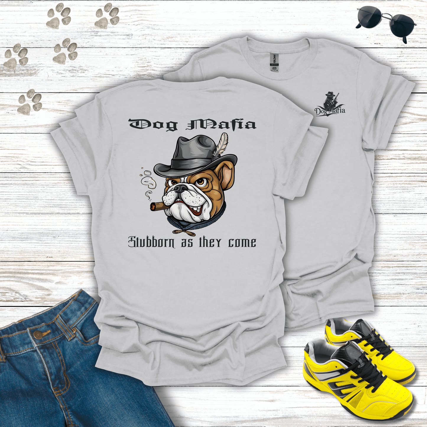 English Bulldog Dog Mafia T-shirt in Ice Grey — stylish Bulldog dog mafia shirt