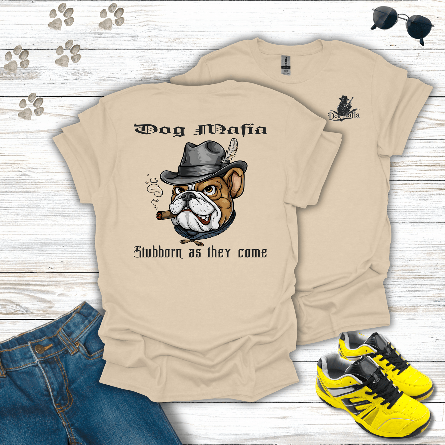 English Bulldog Dog Mafia T-shirt in Sand — English Bulldog wearing fedora and cigar design