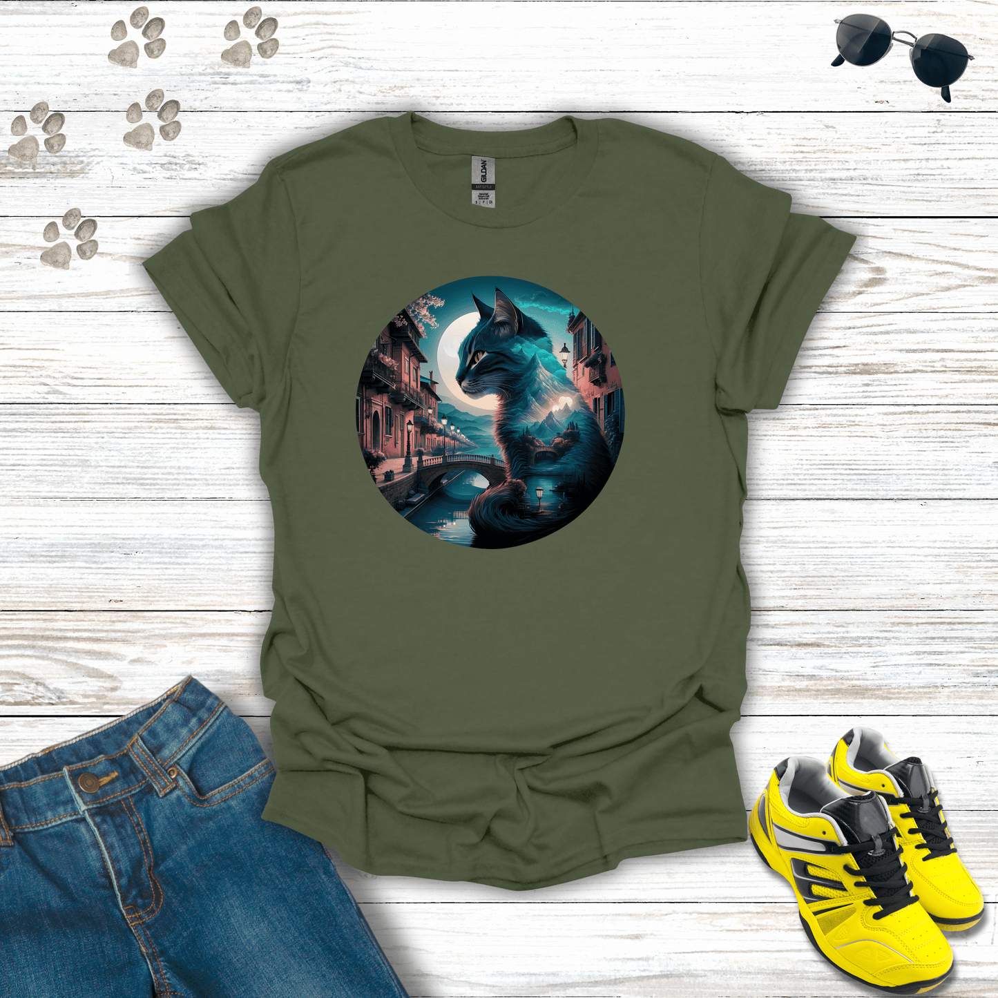 Feline Dreamscape T-Shirt Military Green / S unisex graphic t-shirt