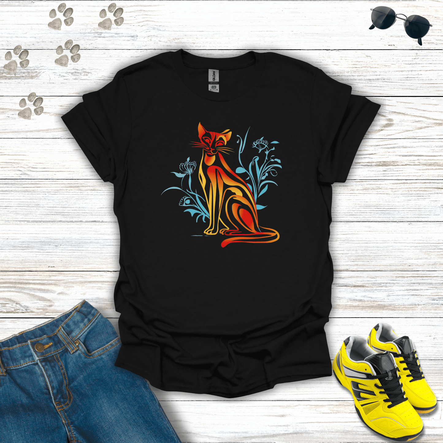 Floral Blaze: The Fiery Feline T-Shirts Black / S unisex graphic t-shirt