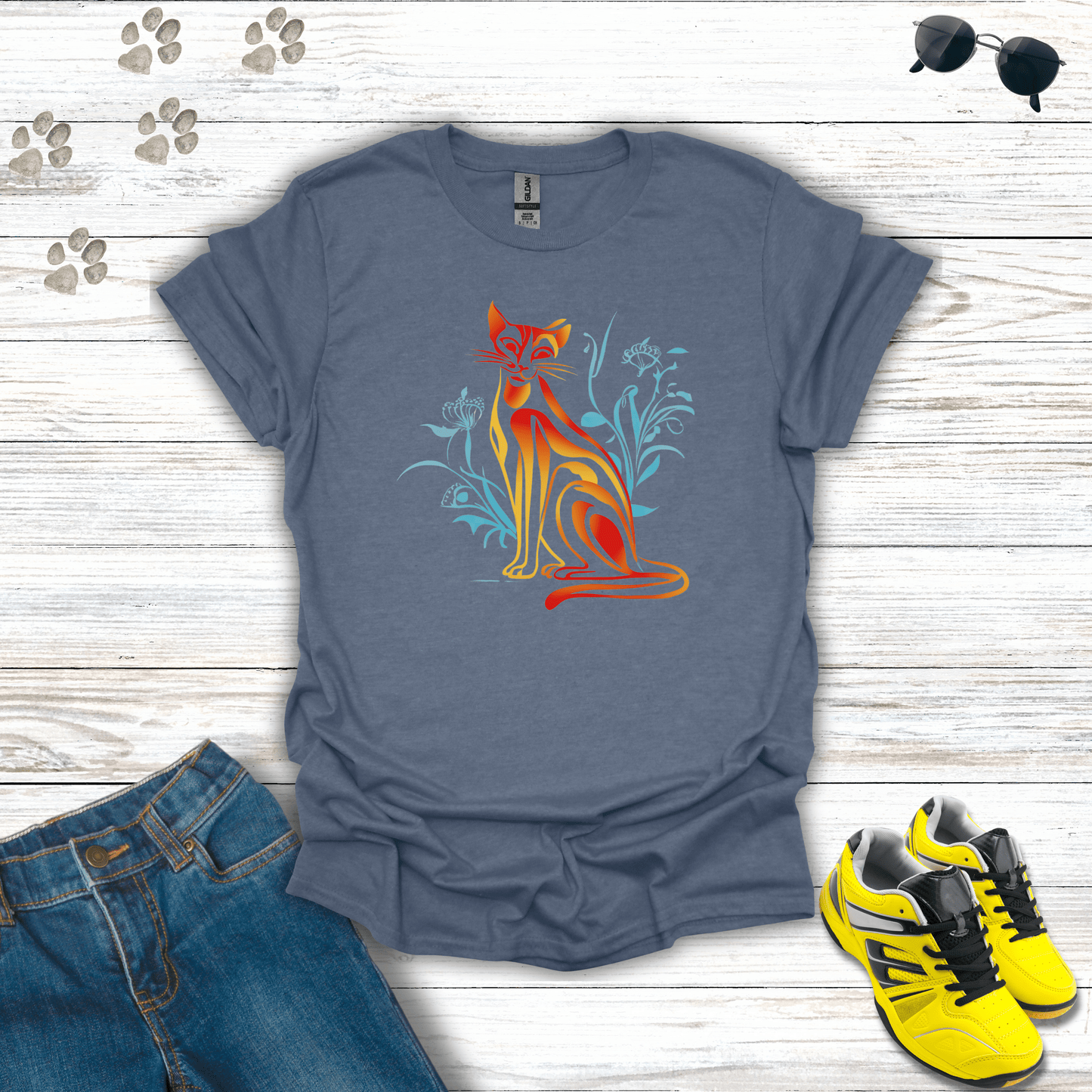 Floral Blaze: The Fiery Feline T-Shirts Heather Indigo / S unisex graphic t-shirt