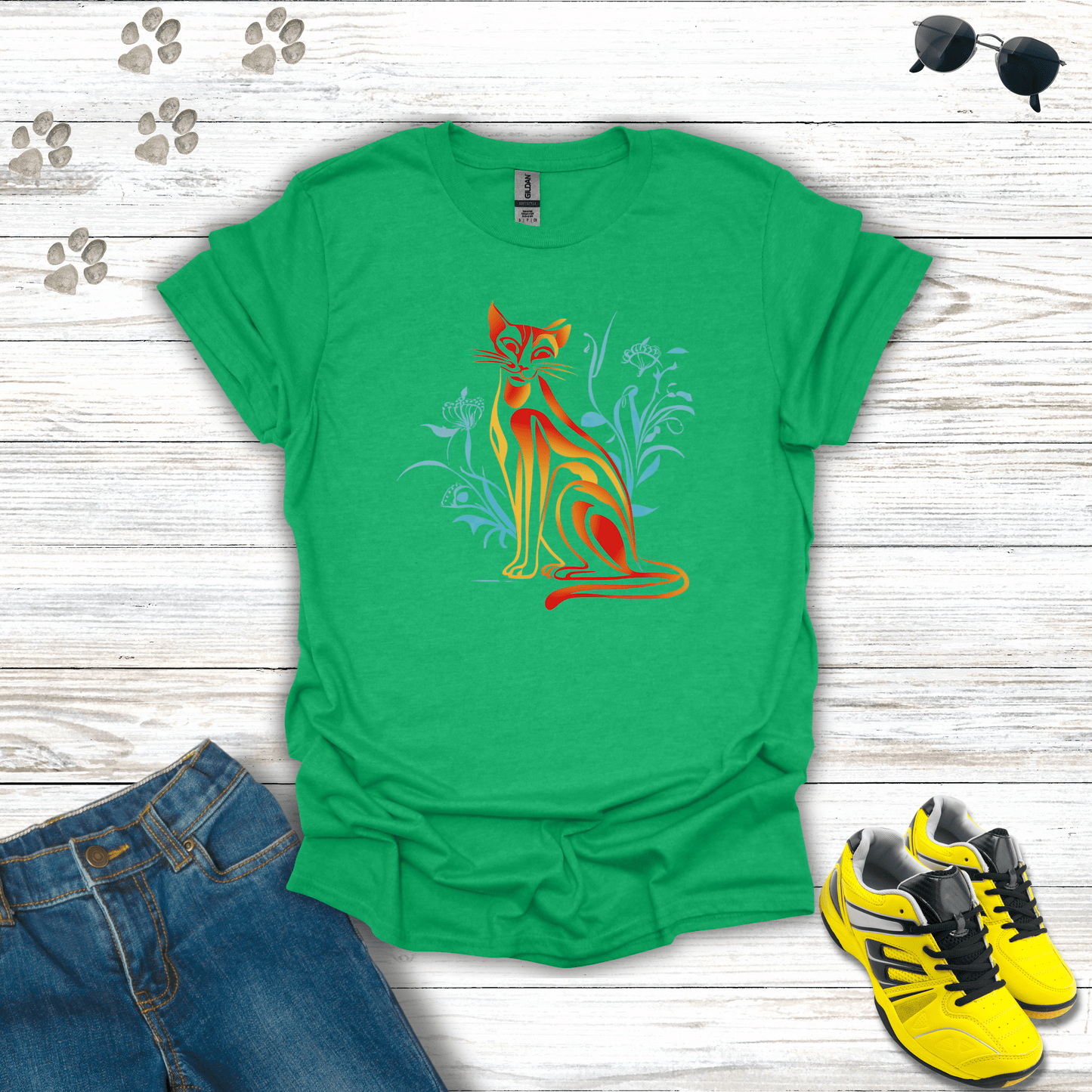 Floral Blaze: The Fiery Feline T-Shirts Heather Irish Green / S unisex graphic t-shirt